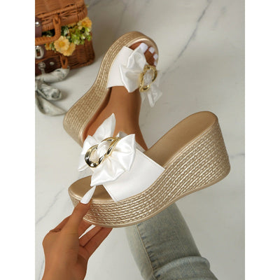 Pantoufles à semelles compensées en cuir PU avec nœud papillon