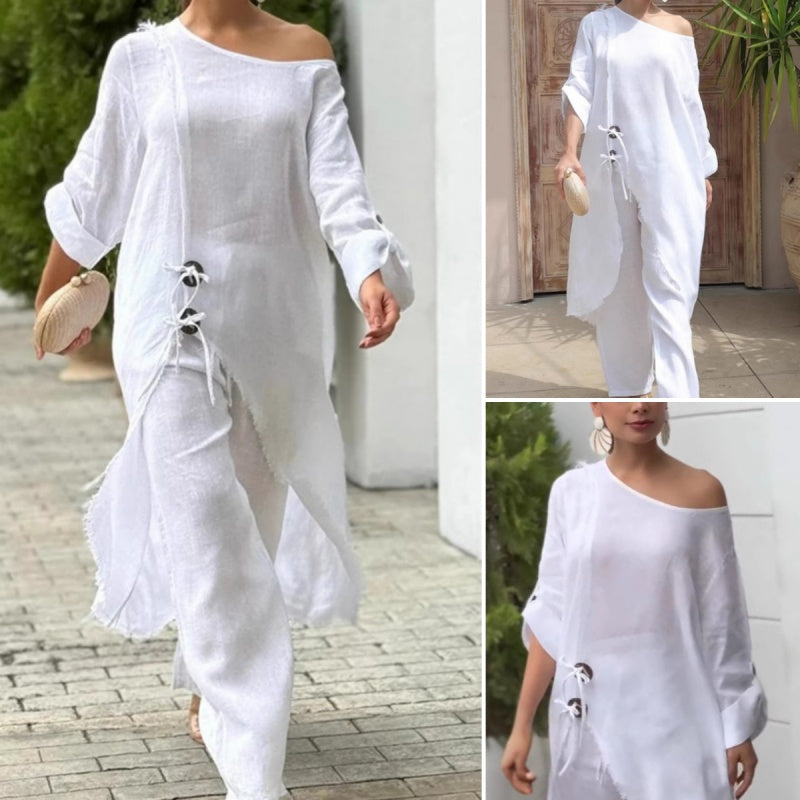 Ensemble deux pièces en coton et lin de couleur unie pour femmes