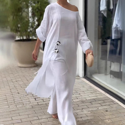 Ensemble deux pièces en coton et lin de couleur unie pour femmes