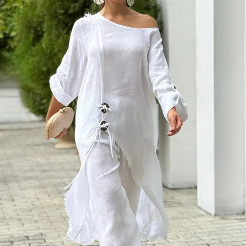 Ensemble deux pièces en coton et lin de couleur unie pour femmes