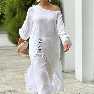 Ensemble deux pièces en coton et lin de couleur unie pour femmes