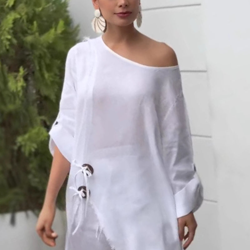 Ensemble deux pièces en coton et lin de couleur unie pour femmes