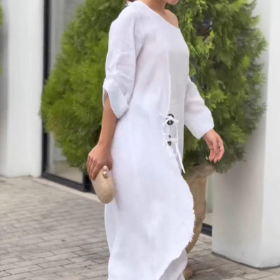 Ensemble deux pièces en coton et lin de couleur unie pour femmes