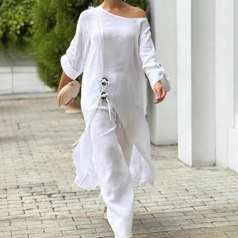 Ensemble deux pièces en coton et lin de couleur unie pour femmes