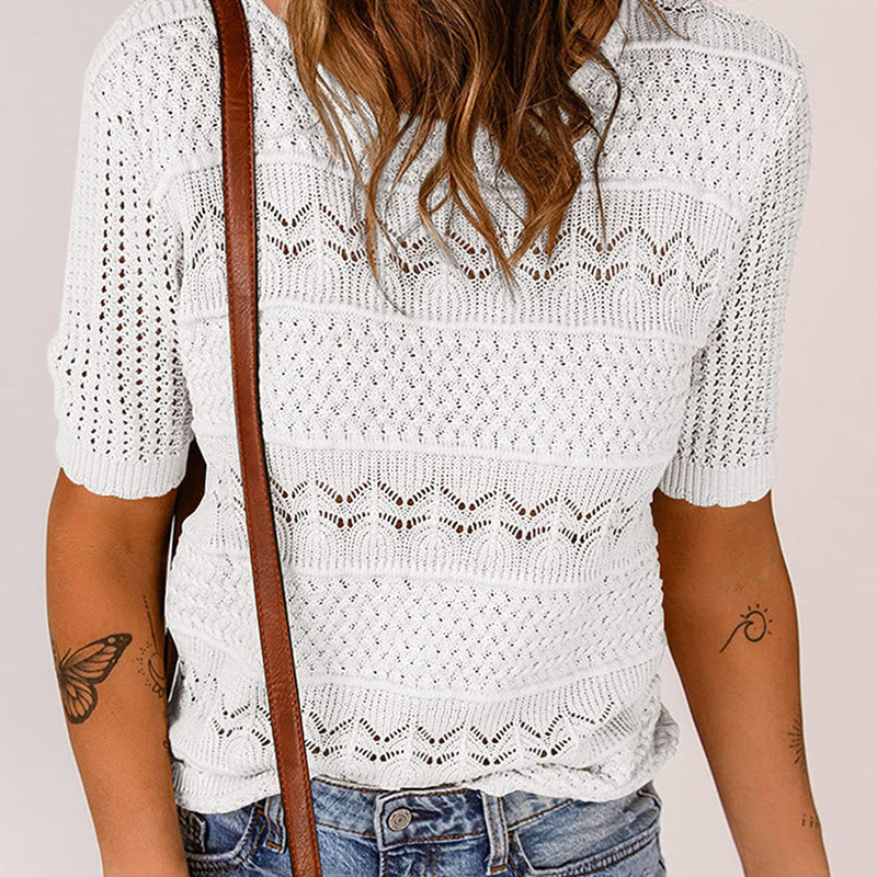 🏆Jusqu'à 50% de réduction !🌷Pull femme manches courtes col rond aspect ajouré et crochet