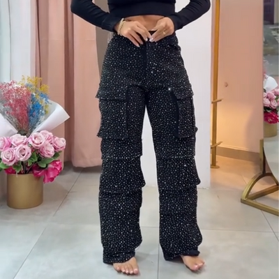💎  Pantalon large à poches pour femmes, orné de diamants | Léger et élégant  ✨
