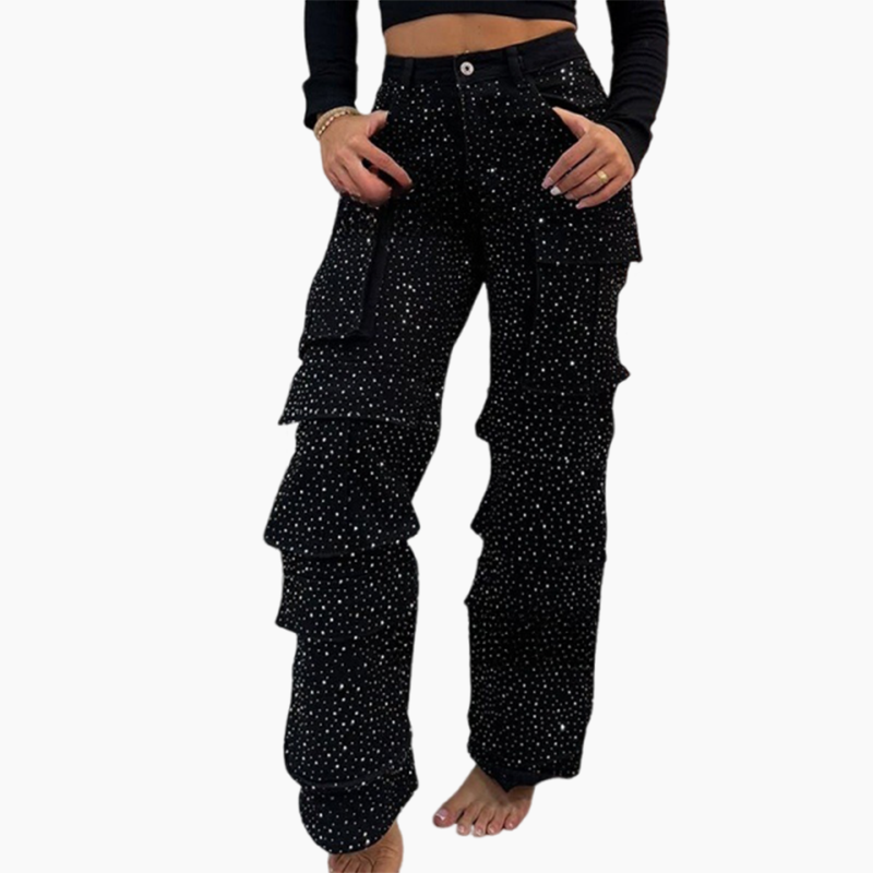 💎  Pantalon large à poches pour femmes, orné de diamants | Léger et élégant  ✨