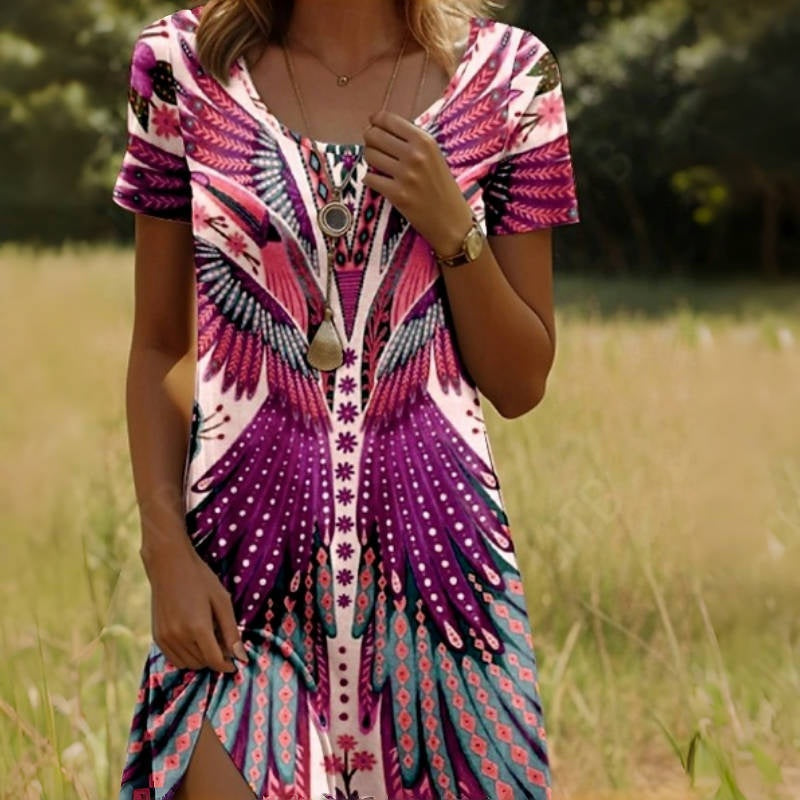 Robe à manches courtes à imprimé paon et floral pour femmes