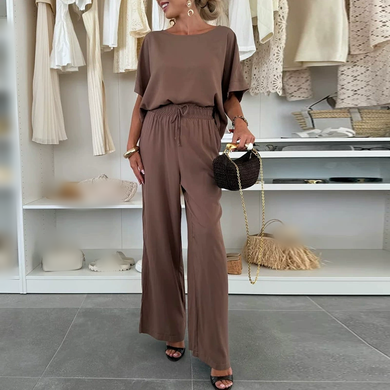 Ensemble 2 pièces - Top à manches courtes et pantalon à cordon de serrage - couleur unie