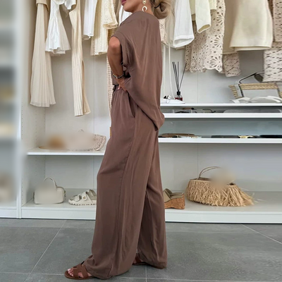 Ensemble 2 pièces - Top à manches courtes et pantalon à cordon de serrage - couleur unie