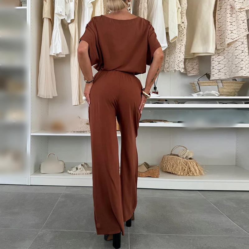 Ensemble 2 pièces - Top à manches courtes et pantalon à cordon de serrage - couleur unie