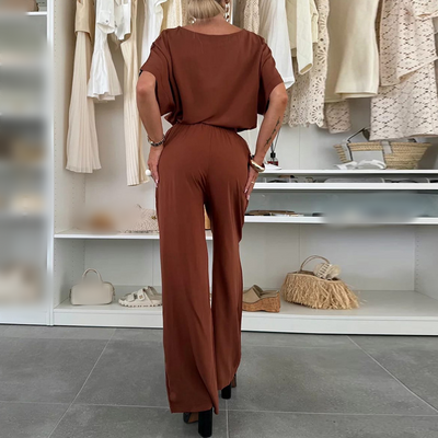 Ensemble 2 pièces - Top à manches courtes et pantalon à cordon de serrage - couleur unie