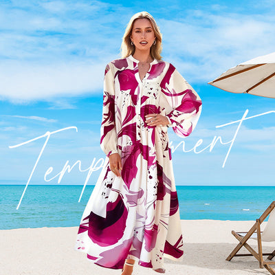 Robe longue à col en V et à motif floral pour femmes