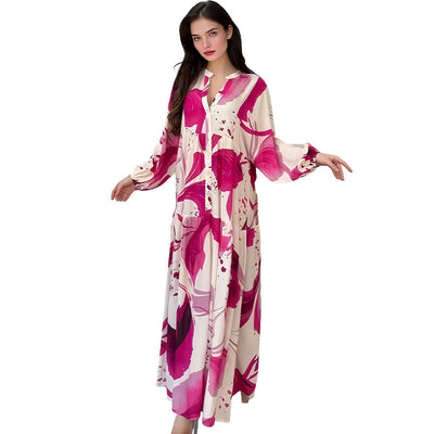 Robe longue à col en V et à motif floral pour femmes