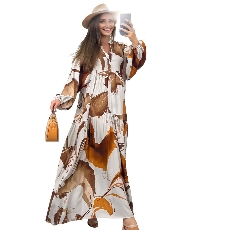 Robe longue à col en V et à motif floral pour femmes