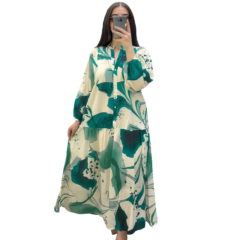 Robe longue à col en V et à motif floral pour femmes