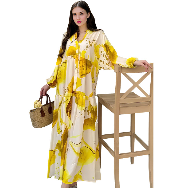 Robe longue à col en V et à motif floral pour femmes