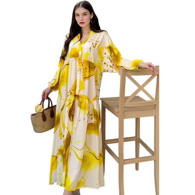 Robe longue à col en V et à motif floral pour femmes