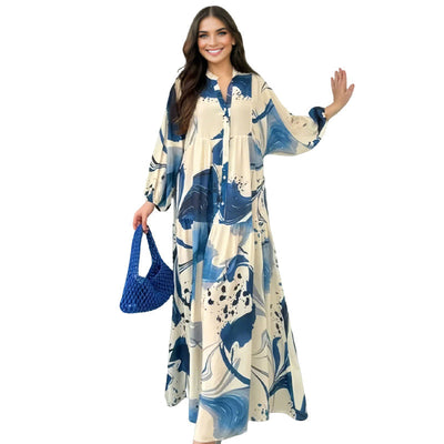 Robe longue à col en V et à motif floral pour femmes