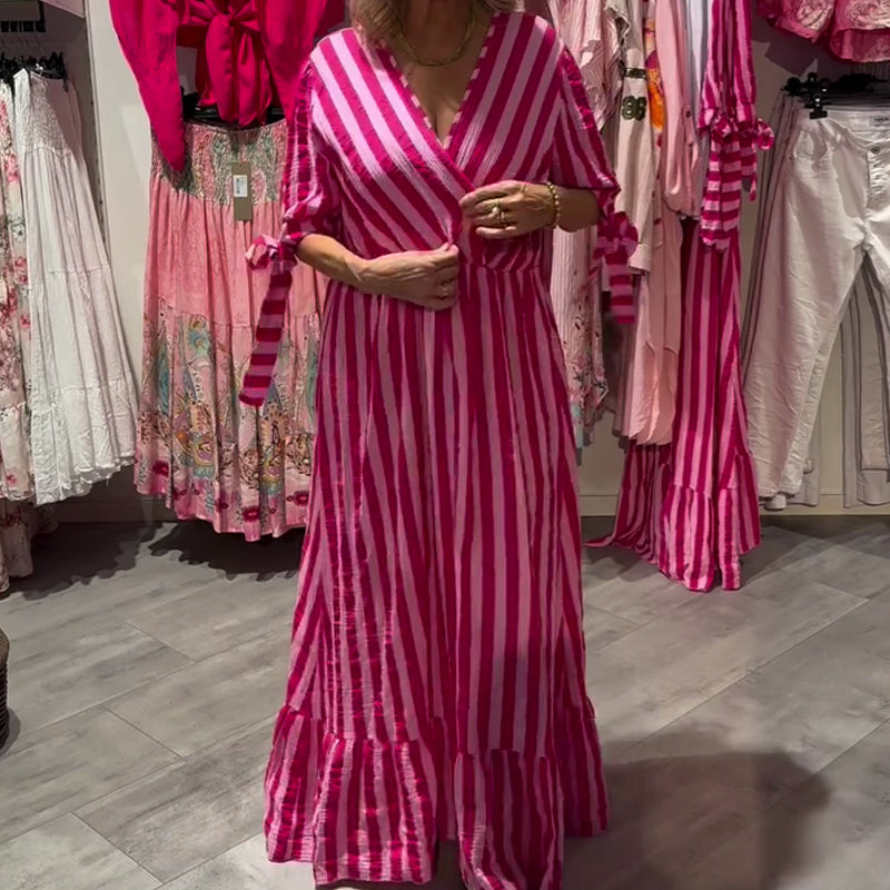 Robe décontractée à rayures et col en V pour femme