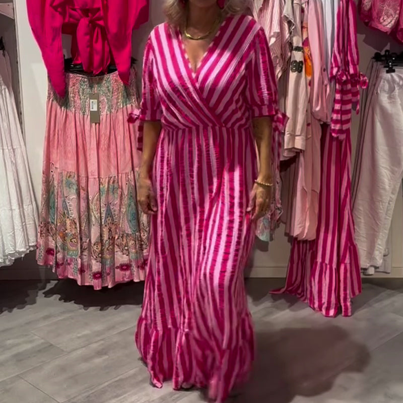 Robe décontractée à rayures et col en V pour femme