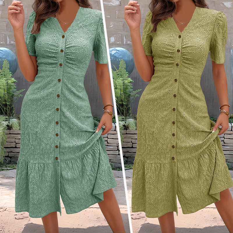 ✨ Élégante robe midi en dentelle – Encolure en V, manches bouffantes et bordure à volants ✨