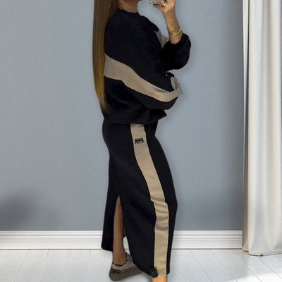 Ensemble haut ample à manches longues et jupe fendue à blocs de couleurs