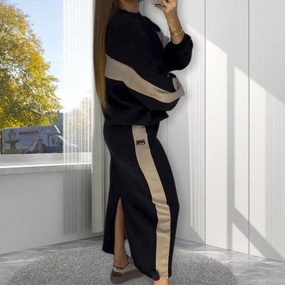 Ensemble haut ample à manches longues et jupe fendue à blocs de couleurs