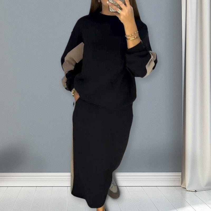 Ensemble haut ample à manches longues et jupe fendue à blocs de couleurs