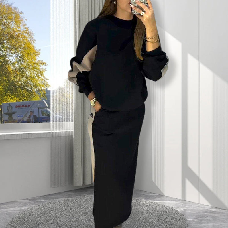 Ensemble haut ample à manches longues et jupe fendue à blocs de couleurs