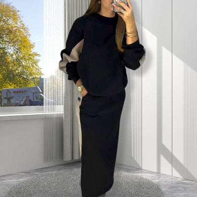 Ensemble haut ample à manches longues et jupe fendue à blocs de couleurs