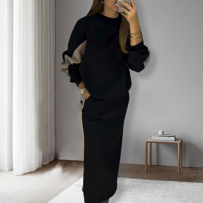 Ensemble haut ample à manches longues et jupe fendue à blocs de couleurs