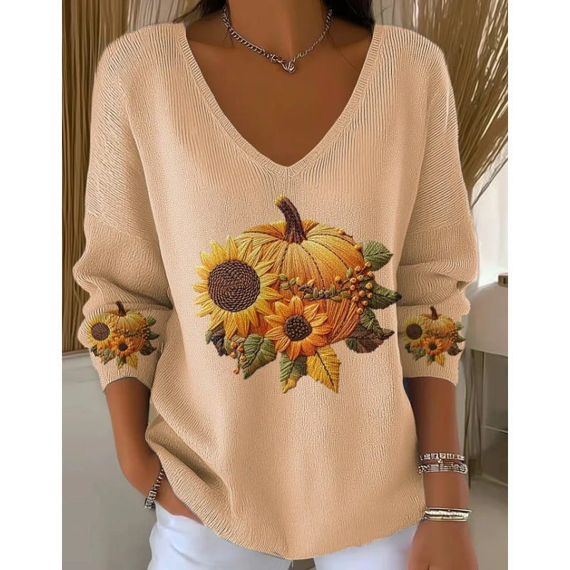 🍁🎃Pull à col en V brodé pour femme pour l'automne✨