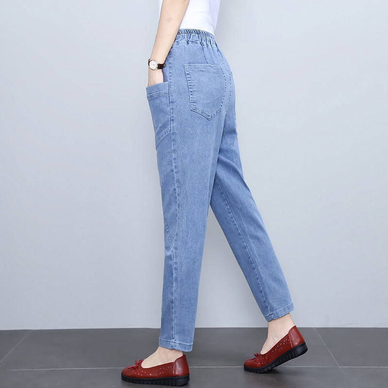 Pantalon droit en jean taille haute élastique pour femme