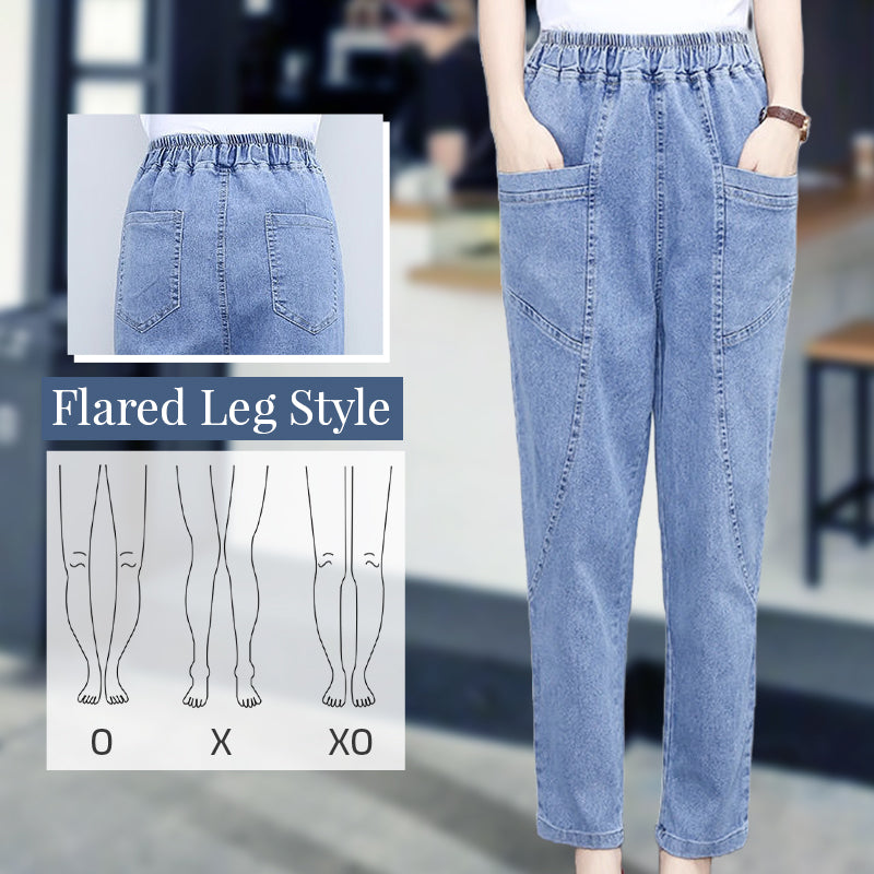 Pantalon droit en jean taille haute élastique pour femme