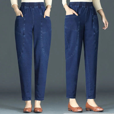 Pantalon droit en jean taille haute élastique pour femme