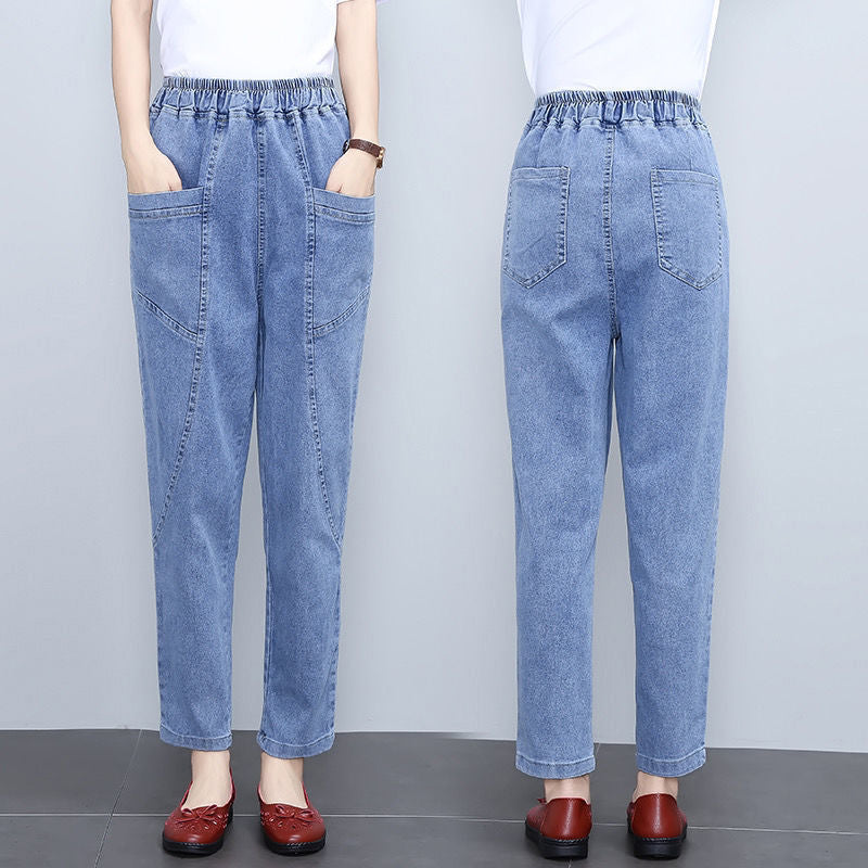Pantalon droit en jean taille haute élastique pour femme