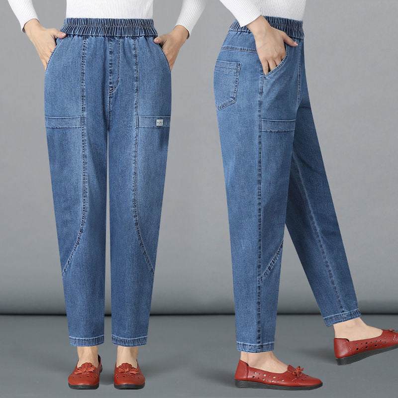 Pantalon droit en jean taille haute élastique pour femme