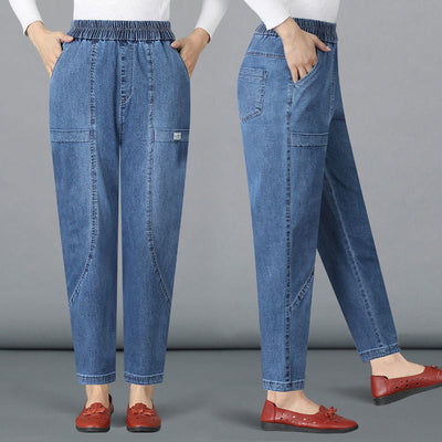 Pantalon droit en jean taille haute élastique pour femme