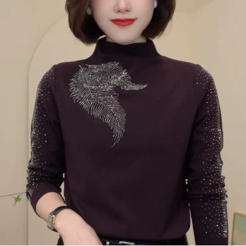 T-shirt à col roulé mi-long et manches longues pour femmes, avec strass