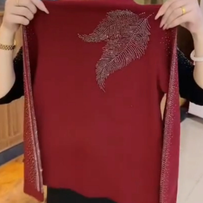 T-shirt à col roulé mi-long et manches longues pour femmes, avec strass