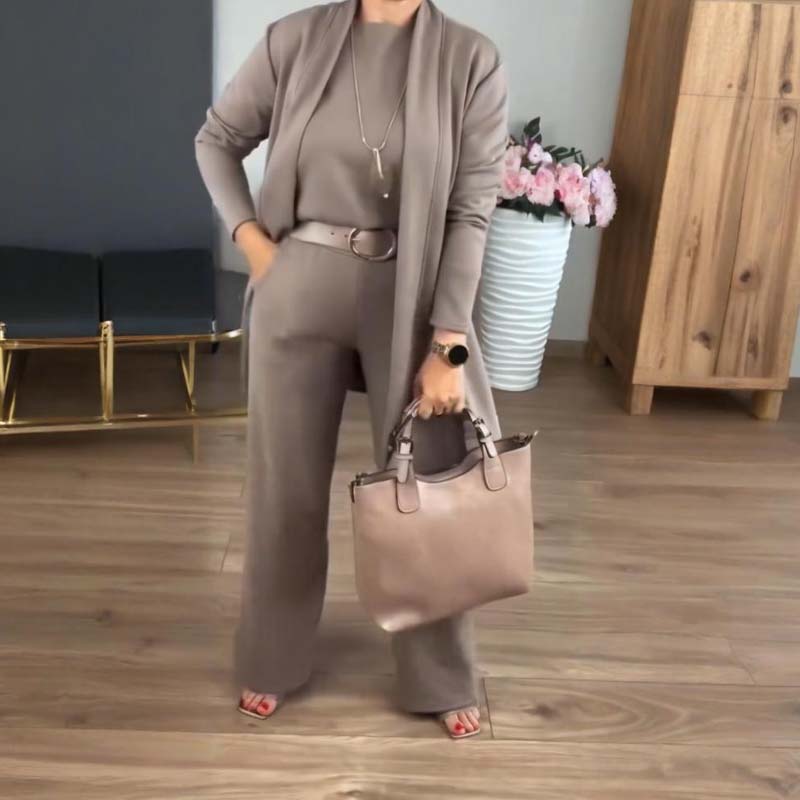 Ensemble Élégant Long Cardigan & Haut & Pantalon 3 Pièces