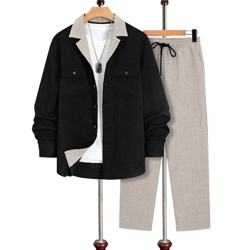 Chemise pour homme à manches longues et revers ＆ Pantalon Ensemble 2 pièces