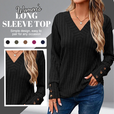 Haut décontracté à col en V et manches longues pour femmes