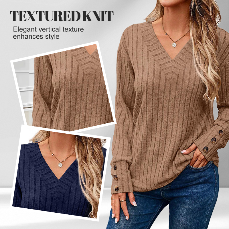Haut décontracté à col en V et manches longues pour femmes